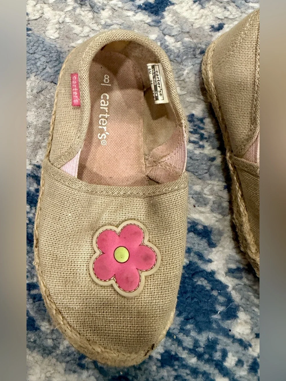 Carter's Beige Canvas Slip-On Shoes with Pink Flower & Rainbow Accent